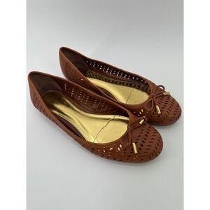 Lauren Ralph Lauren Cognac Brown Perforated Leather Ballet Flats Gold Insole 9B